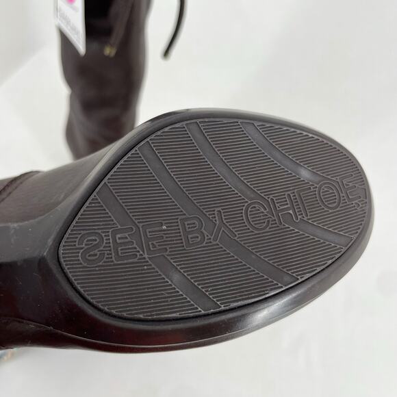 See By Chloe Tall Leather Boots Chocolate Brown Wool Lined High Heeled Size 37.5 - Picture 14 of 15